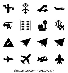 Solid vector icon set - traffic controller vector, plane radar, trap truck, small, helicopter, seats, baggage scales, globe, airport road sign, paper, fly, toy