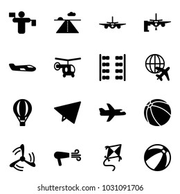 Solid vector icon set - traffic controller vector, runway, plane, boarding passengers, small, helicopter, seats, globe, air balloon, paper fly, ball, wind mill, dryer, kite, beach