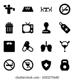 Solid vector icon set - traffic controller vector, taxi, cafe, no smoking sign, trash bin, tv, stamp, medical label, floor scales, pills, lungs, bladder, alcohol, weight