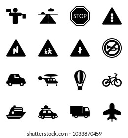 Solid vector icon set - traffic controller vector, runway, stop road sign, light, abrupt turn right, children, intersection, no horn, car, helicopter, air balloon, bike, cruiser, baggage, truck toy