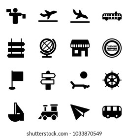 Solid vector icon set - traffic controller vector, departure, arrival, airport bus, sign post, globe, duty free, customs road, flag, signpost, lounger, hand wheel, sailboat toy, train, paper plane