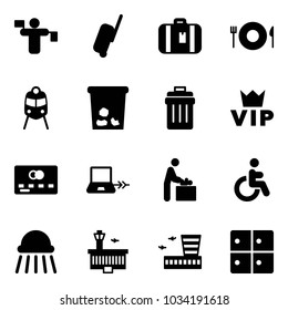 Solid vector icon set - traffic controller vector, suitcase, plate spoon fork, train, trash, bin, vip, credit card, notebook connect, baby room, disabled, shower, airport building, baggage