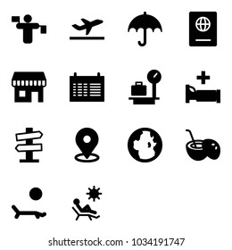 Solid vector icon set - traffic controller vector, departure, insurance, passport, duty free, schedule, baggage scales, hospital bed, road signpost sign, map pin, globe, coconut cocktail, lounger