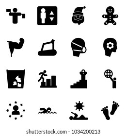 Solid vector icon set - traffic controller vector, elevator, santa claus, cake man, power hand, treadmill, medical mask, brain work, garbage, career, success, world, star, swimming, reading, feet