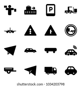 Solid vector icon set - traffic controller vector, baggage, parking sign, fork loader, plane, light road, intersection, no trailer, paper fly, limousine, skateboard, car wireless, truck toy