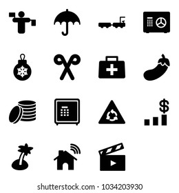 Solid vector icon set - traffic controller vector, insurance, baggage truck, safe, christmas ball, santa stick, doctor bag, eggplant, coin, round motion road sign, dollar chart, palm, wireless home