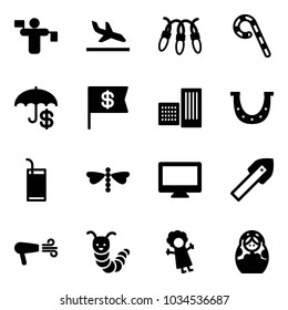 Solid vector icon set - traffic controller vector, arrival, garland, lollipop, insurance, dollar flag, building, luck, drink, dragonfly, monitor, tile drill, dryer, toy caterpillar, doll, russian