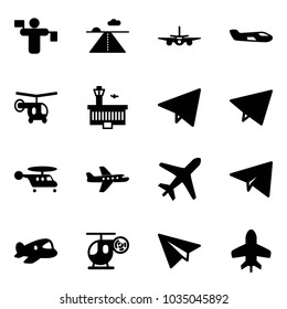 Solid vector icon set - traffic controller vector, runway, plane, small, helicopter, airport building, paper fly, toy