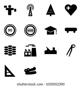 Solid vector icon set - traffic controller vector, antenna, christmas tree, heart, speed limit 90 road sign, customs, graduate hat, skateboard, carbon, plant, jointer, plumber, corner ruler