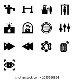 Solid vector icon set - traffic controller vector, vip zone, passport control, metal detector gate, terrorism, officer window, customs road sign, settings, fast forward, backward, gear globe, remote