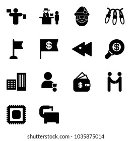 Solid vector icon set - traffic controller vector, passport control, santa claus, garland, flag, dollar, fast backward, search money, building, winner, finance management, agreement, cpu