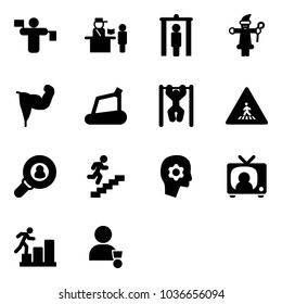 Solid vector icon set - traffic controller vector, passport control, metal detector gate, santa claus, power hand, treadmill, pull ups, pedestrian road sign, head hunter, career, brain work, tv news
