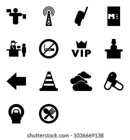 Solid vector icon set - traffic controller vector, antenna, suitcase, coffee machine, passport control, no smoking sign, vip, recieptionist, left arrow, road cone, clouds, pills, mri
