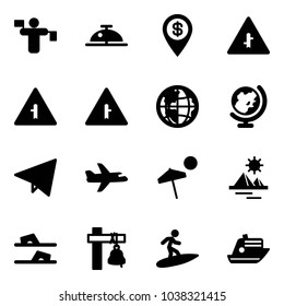 Solid vector icon set - traffic controller vector, client bell, dollar pin, intersection road sign, globe, paper fly, plane, beach, pyramid, flip flops, ship, surfing, cruiser
