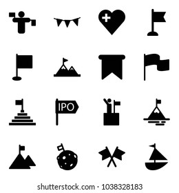 Solid vector icon set - traffic controller vector, flag garland, heart, attainment, pyramid, ipo, win, mountain, moon, flags cross, sailboat toy