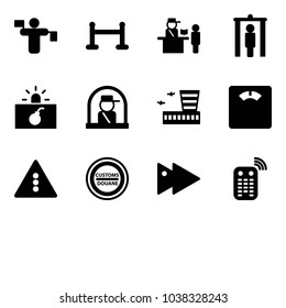 Solid vector icon set - traffic controller vector, vip zone, passport control, metal detector gate, terrorism, officer window, airport building, floor scales, light road sign, customs, fast forward