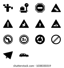 Solid vector icon set - traffic controller vector, baggage scales, no way road sign, multi lane, light, abrupt turn right, intersection, car crash, left, limited height, circle, limit, paper fly