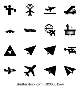 Solid vector icon set - traffic controller vector, plane radar, departure, trap truck, small, globe, airport building, road sign, paper, fly, helicopter