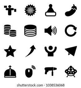 Solid vector icon set - traffic controller vector, firework, christmas hat, eggplant, coin, volume max, reload, star, growth, success, paper fly, crown, mouse wireless, drill machine, ufo toy