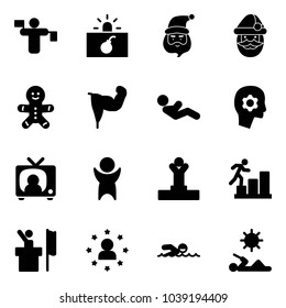 Solid vector icon set - traffic controller vector, terrorism, santa claus, cake man, power hand, abdominal muscles, brain work, tv news, success, winner, career, speaker, star, swimming, reading