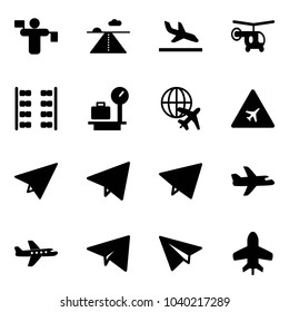 Solid vector icon set - traffic controller vector, runway, arrival, helicopter, plane seats, baggage scales, globe, airport road sign, paper, fly, toy