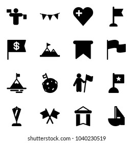 Solid vector icon set - traffic controller vector, flag garland, heart, dollar, attainment, mountain, moon, win, pennant, flags cross, sailboat toy