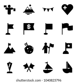 Solid vector icon set - traffic controller vector, mountains, flag garland, heart, dollar, mountain, moon, win, pennant, flags cross, sailboat toy