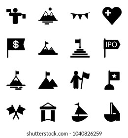 Solid vector icon set - traffic controller vector, mountains, flag garland, heart, dollar, attainment, pyramid, ipo, mountain, win, flags cross, pennant, sailboat toy