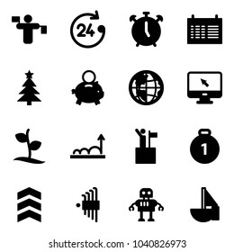 Solid vector icon set - traffic controller vector, 24 hours, alarm clock, schedule, christmas tree, piggy bank, globe, monitor cursor, sproute, growth, win, gold medal, chevron, allen key set, robot