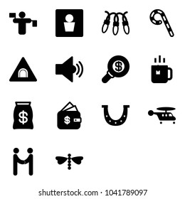 Solid vector icon set - traffic controller vector, male wc, garland, lollipop, tunnel road sign, volume medium, search money, green tea, bag, finance management, luck, helicopter, agreement