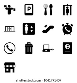 Solid vector icon set - traffic controller vector, parking sign, spoon and fork, metal detector gate, automatic doors, elevator, escalator up, phone alarm, trash bin, notebook connect, passport