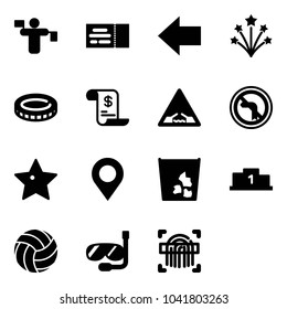 Solid vector icon set - traffic controller vector, ticket, left arrow, firework, coin, account history, drawbridge road sign, no turn, star, map pin, garbage, pedestal, volleyball, diving