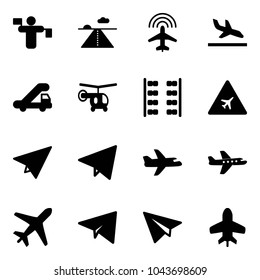 Solid vector icon set - traffic controller vector, runway, plane radar, arrival, trap truck, helicopter, seats, airport road sign, paper, fly, toy