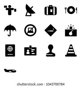 Solid vector icon set    traffic controller vector  satellite antenna  suitcase  plate spoon fork  insurance  no computer sign  smoking area  terrorism  passport  identity  stamp  road cone