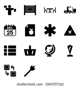 Solid vector icon set - traffic controller vector, fenced area, cafe, fork loader, 25 dec calendar, diet list, ambulance star, airport road sign, menu, basket, globe, pennant, data exchange