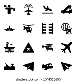 Solid vector icon set - traffic controller vector, plane radar, arrival, trap truck, helicopter, seats, globe, airport building, road sign, jointer, paper, toy