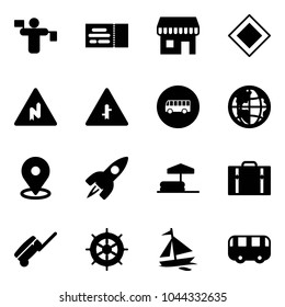 Solid vector icon set - traffic controller vector, ticket, duty free, main road sign, abrupt turn right, intersection, bus, globe, map pin, rocket, inflatable pool, suitcase, hand wheel, sail boat