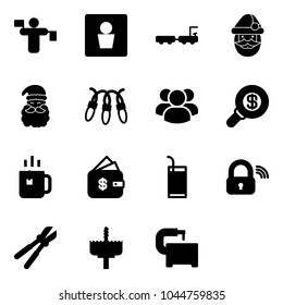 Solid vector icon set - traffic controller vector, male wc, baggage truck, santa claus, garland, group, search money, green tea, finance management, drink, wireless lock, bolt cutter, crown drill