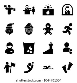 Solid vector icon set - traffic controller vector, passport control, terrorism, officer window, santa claus, cake man, run, manager, garbage, success, winner, win, flying, swimming, feet