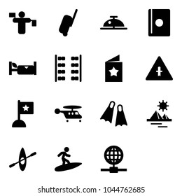 Solid vector icon set - traffic controller vector, suitcase, client bell, passport, hotel, plane seats, star postcard, intersection road sign, flag, helicopter, flippers, pyramid, kayak, surfing