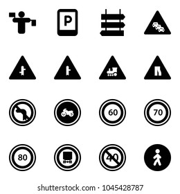 Solid vector icon set - traffic controller vector, parking sign, post, multi lane road, intersection, railway, narrows, no left turn, moto, speed limit 60, 70, 80, dangerous cargo, end minimal