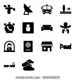 Solid vector icon set - traffic controller vector, satellite antenna, airport bus, travolator, phone alarm, male wc, vip waiting area, baby, officer window, passport, duty free, hotel, baggage truck