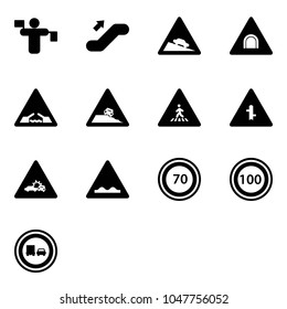 Solid vector icon set - traffic controller vector, escalator up, steep descent road sign, tunnel, drawbridge, roadside, pedestrian, intersection, car crash, rough, speed limit 70, 100