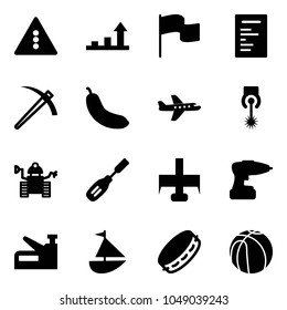 Solid vector icon set - traffic light vector road sign, growth arrow, flag, document, job, banana, plane, laser, robot, chisel, milling cutter, drill, stapler, sailboat toy, tambourine, basketball