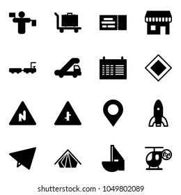 Solid vector icon set - traffic controller vector, baggage, ticket, duty free, truck, trap, schedule, main road sign, abrupt turn right, intersection, map pin, rocket, paper fly, tent, sailboat toy