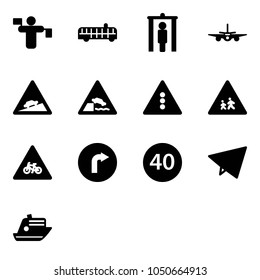 Solid vector icon set - traffic controller vector, airport bus, metal detector gate, plane, climb road sign, embankment, light, children, for moto, only right, minimal speed limit, paper fly