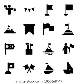 Solid vector icon set - traffic controller vector, flag garland, attainment, pyramid, ipo, win, mountain, flags cross, sailboat toy