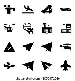 Solid vector icon set - traffic controller vector, arrival, trap truck, small plane, helicopter, globe, airport building, road sign, paper, fly, toy