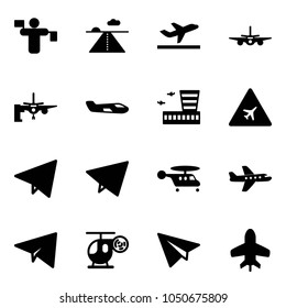 Solid vector icon set - traffic controller vector, runway, departure, plane, boarding passengers, small, airport building, road sign, paper fly, helicopter, toy