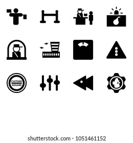 Solid vector icon set - traffic controller vector, vip zone, passport control, terrorism, officer window, airport building, floor scales, light road sign, customs, settings, fast backward